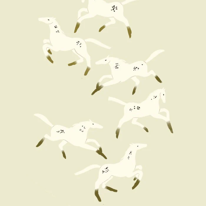 Minimalistic illustration of a herd of white horses