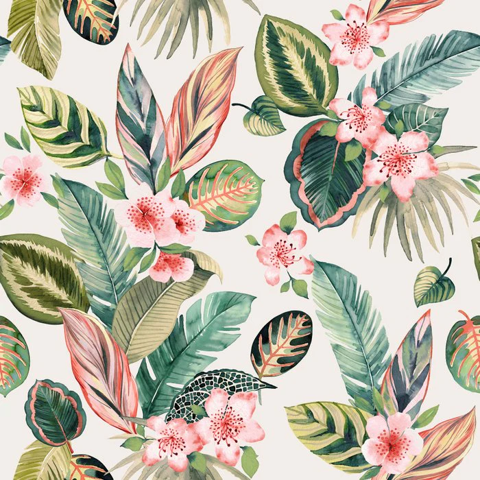 Botanic Retreat Tropical Exotic Flowers Leaves Pink Orange Green