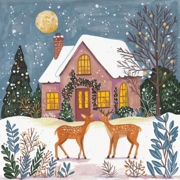 Cottage with deer in the snowy garden