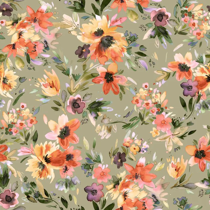 Botanic Retreat Painterly Tropical Flowers Sage Green