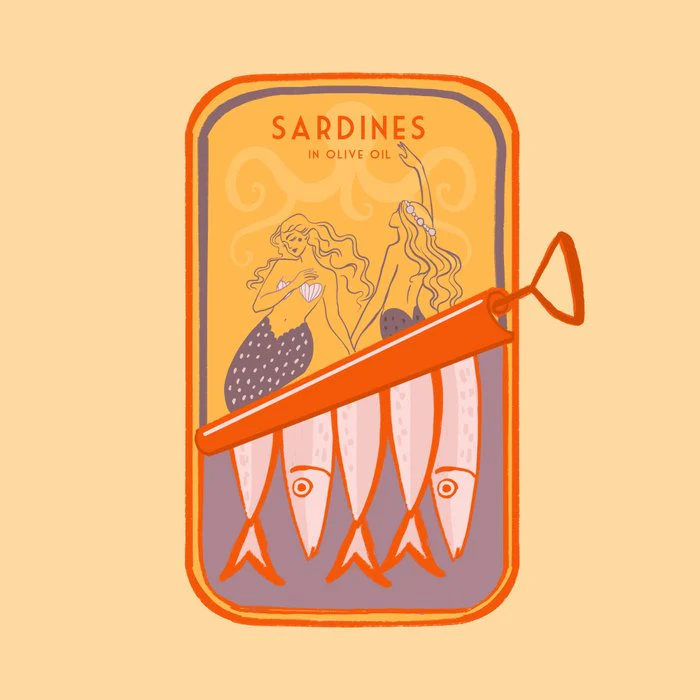 Sardines and Sirens Whimsical Retro Illustration with Mermaids in a Tin