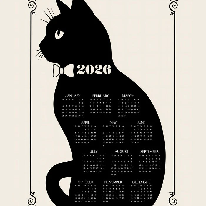 Minimalist Black Vintage Cat Silhouette 2026 Calendar