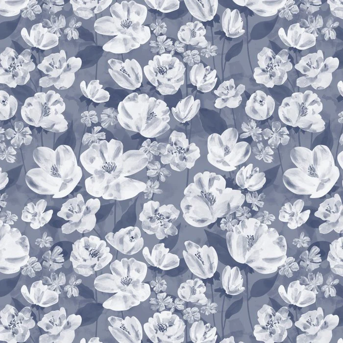 White watercolor flowers - Deep navy blue floral pattern