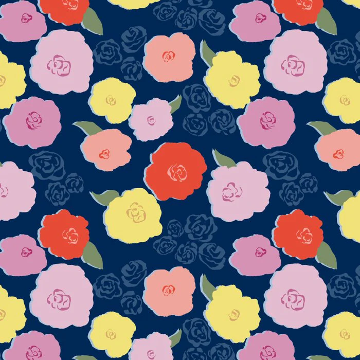 Playful Camellia Florals in coral pink and butter yellow on navy blue