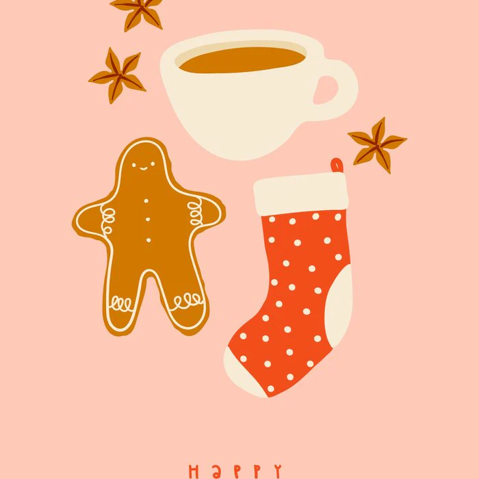 Merry Christmas Gingerbread man and cocoa cup, Happy Holidays quote