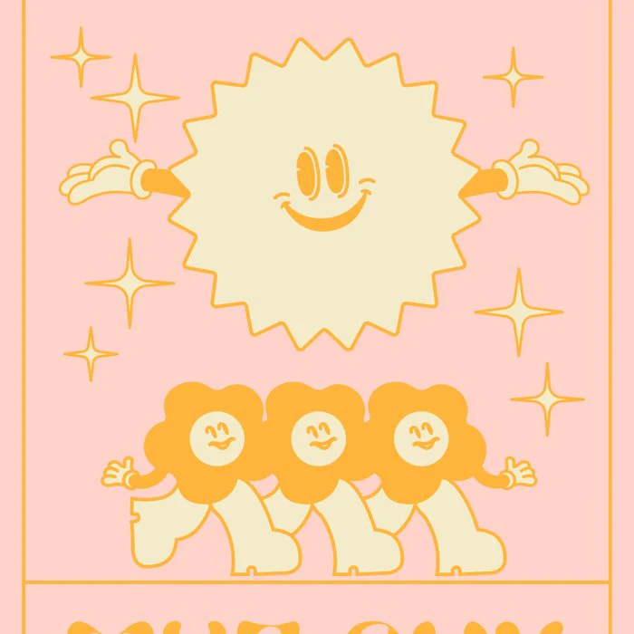 The Sun and Flowers Characters. Tarot Funny card. Hippie divination card