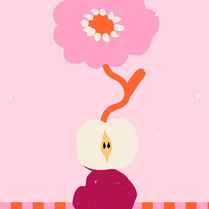 Pink abstract flower and apple. Groovy vibes and retro style
