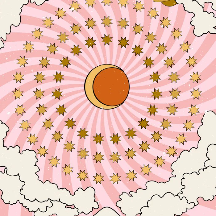 Astrological hippie print. Star, moon, rainbow and clouds