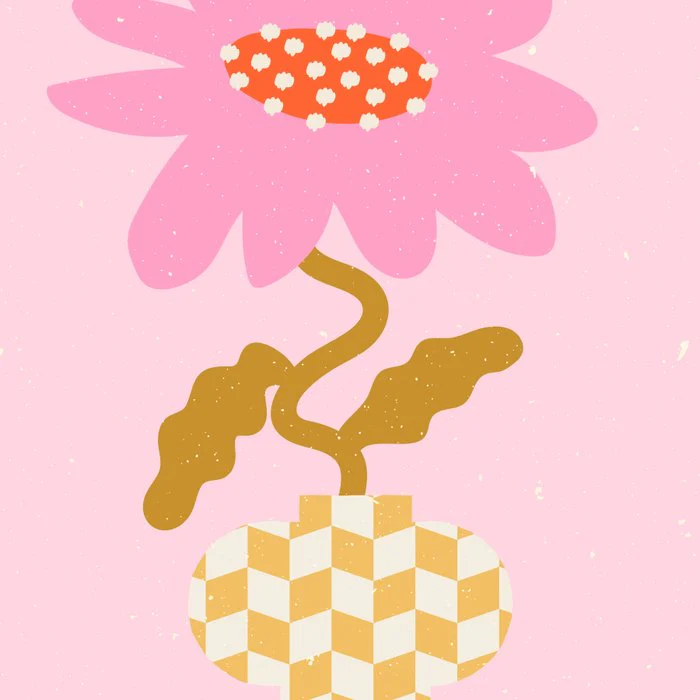 Abstract modern vase and flower. Groovy vibes and retro style