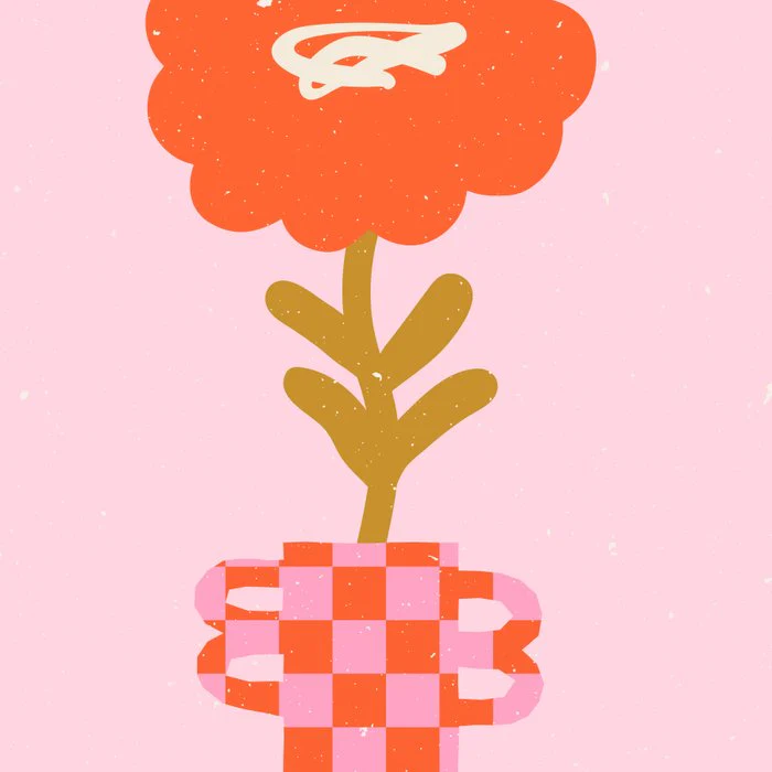 Abstract modern flower and checkerboard vase. Groovy vibes and retro style