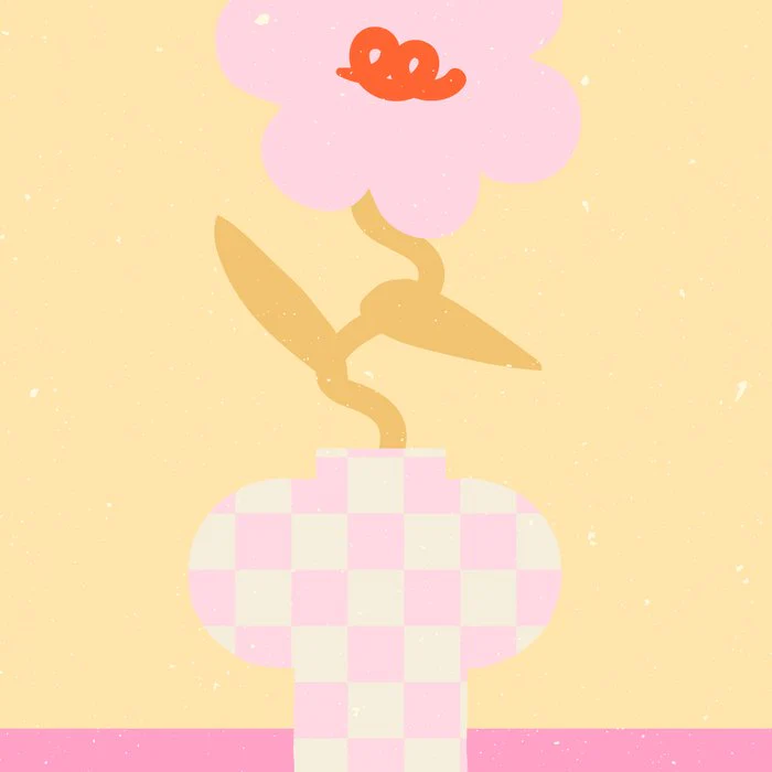 Abstract Pink Checker vase and flower. Groovy vibes and retro style
