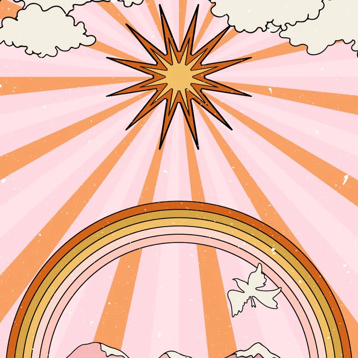 Hippie landscape. Sun and Rainbow