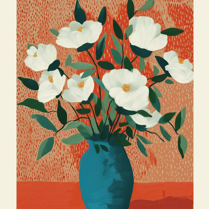White Blossoms in Blue Vase