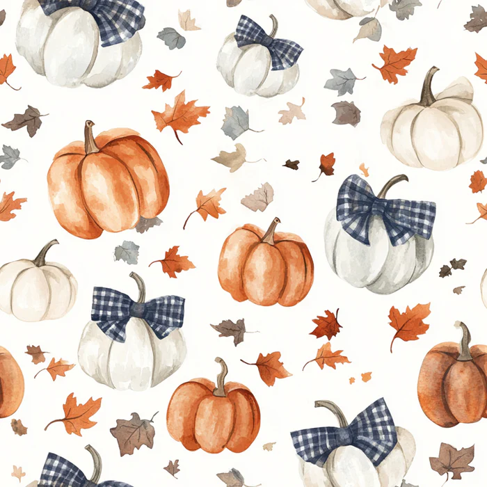 Fall Blue Orange Cream Pumpkins Gingham Bows Watercolor All Over Falling Leaves