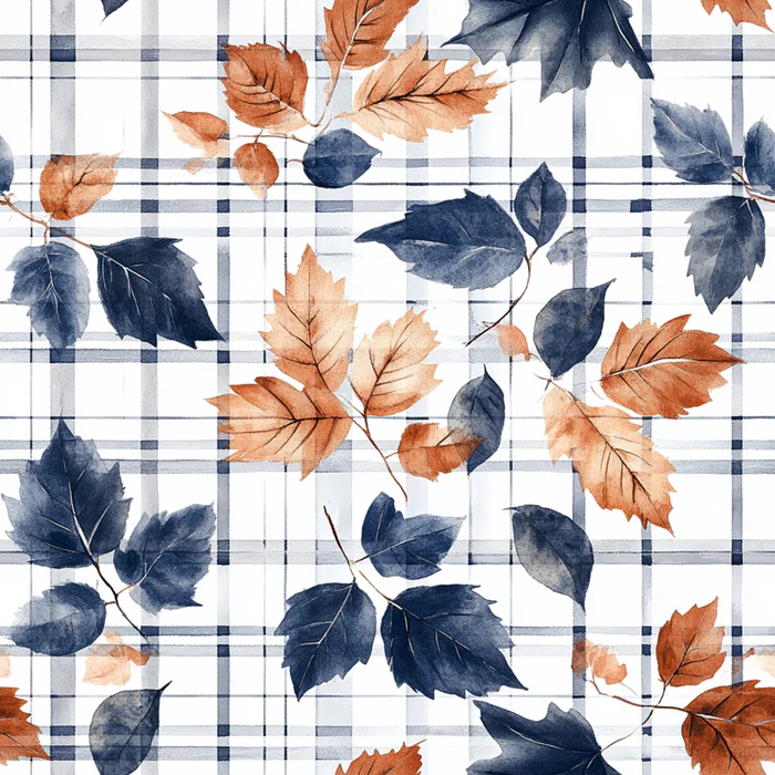 watercolor blue orange fall leaves on gingham all over