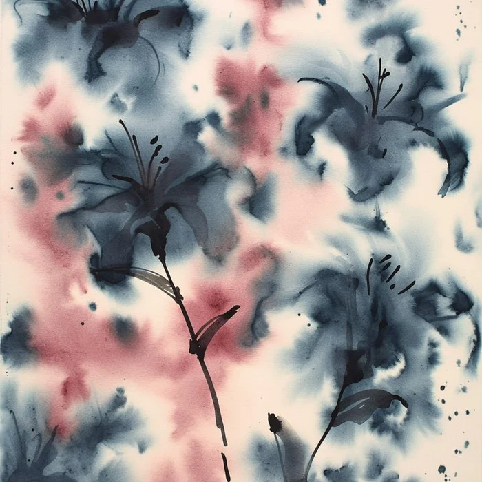 Blurred Flowers - Soft-Focus Ink-Wash Blooms in Blush and Slate