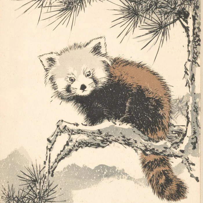 Red Panda on Pine - Japanese Woodblock (Ukiyo-e Sumi-e)