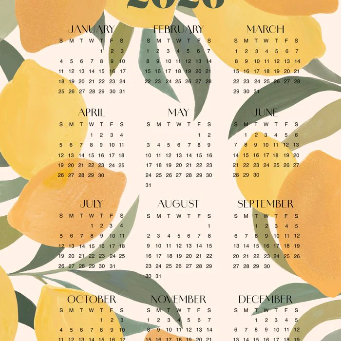 Lemon 2026 Calendar Botanical Fruit