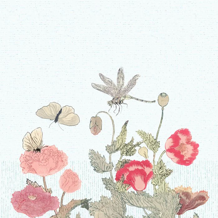 Dancing dragonfly and butterflies with flowers