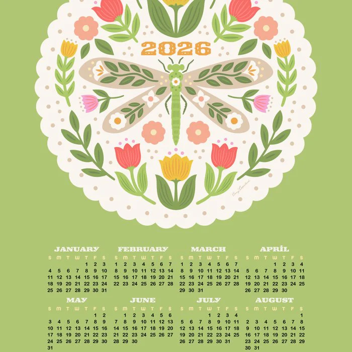 Folk Art Dragonfly Illustration and 2026 Calendar - Green