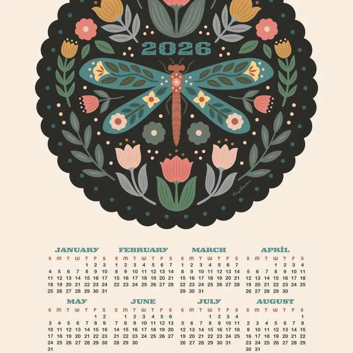 Folk Art Dragonfly Illustration and 2026 Calendar - Black
