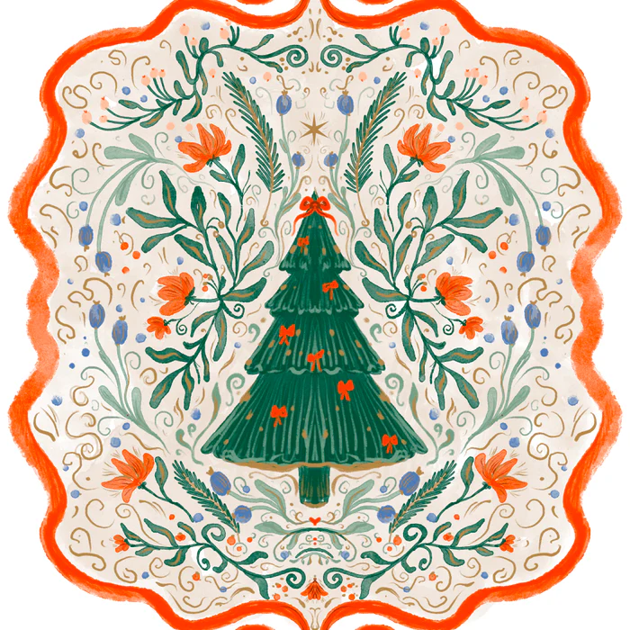 Folk Art Christmas Tree Design Whimsical Holiday Botanical Illustration with Vintage Charm