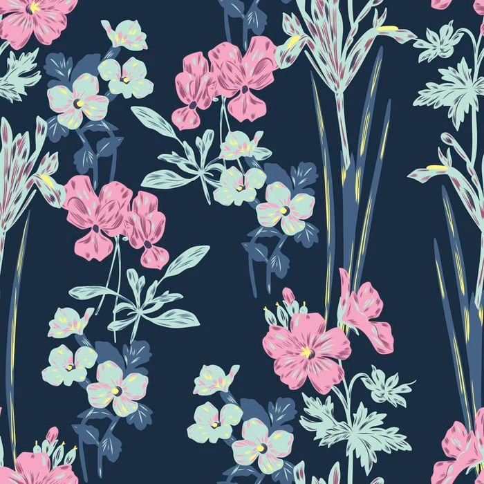 Floral pattern with bright flowers on a dark blue background