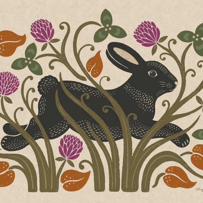 Folk Art Black Rabbit and Clover