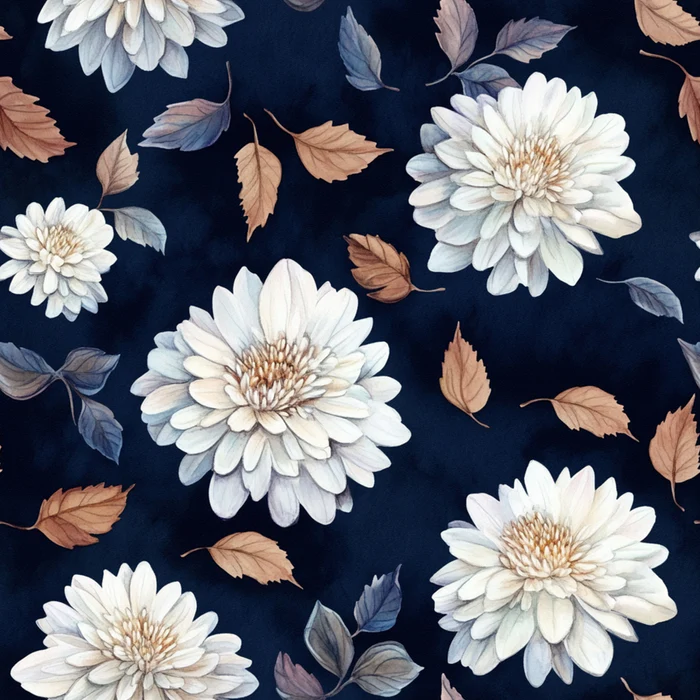 White Dark Blue Orange Fall Flowers and Leaves Watercolor