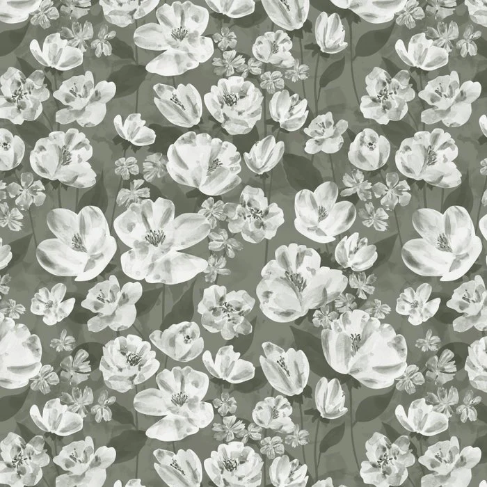 White watercolor flowers - Deep botanical sage green