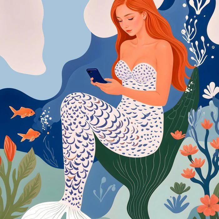 Digital Serenity, Gen Z Mermaid Underwater, Woman Girl Cellphone Mobile Device, Reels Whimsical Eclectic Boho, Contemporary Concept Ocean Painting