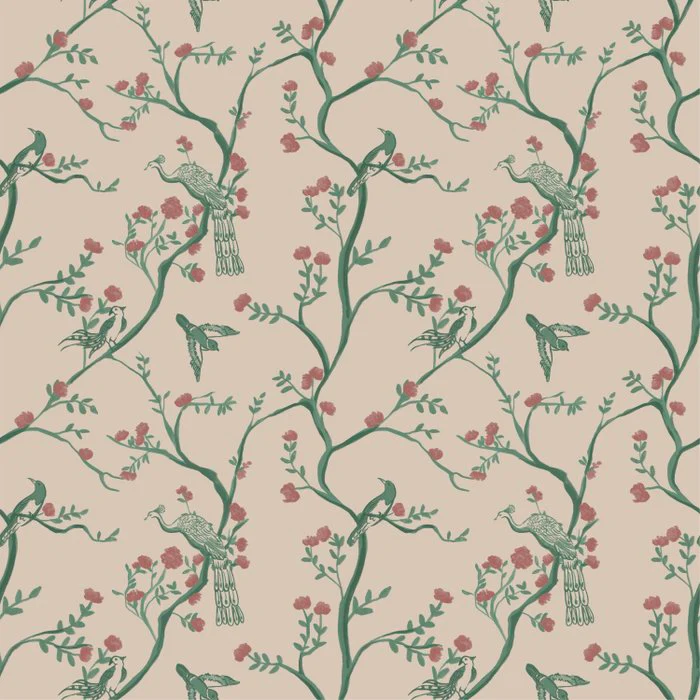 Green Chinoiserie Toile Pattern Vintage Bird Floral Holiday Wallpaper Botanical  Art