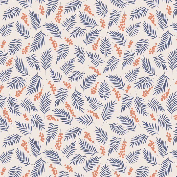 Winter Mistletoe Leaves and Berries Pattern in Blue and Coral