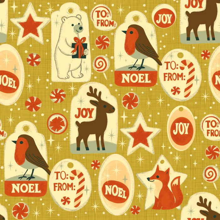 Festive Animal Christmas Tags - Retro Holiday Mustard Gold