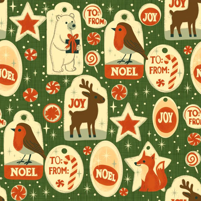 Festive Animal Christmas Tags - Retro Holiday Olive Green