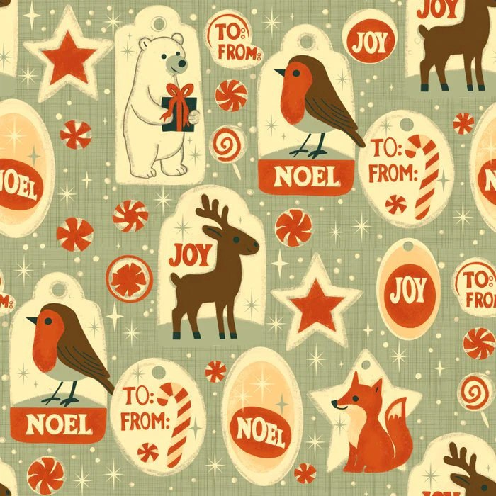 Festive Animal Christmas Tags - Retro Holiday Ligth Grey