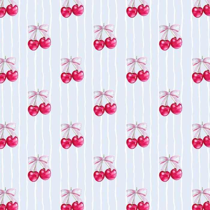 Cute Watercolor Cherries with Pink Ribbon